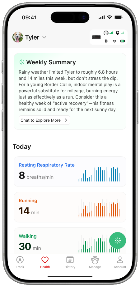 SATELLAI Go Health screen with a Weekly Summary, respiratory rate, running, and walking data.