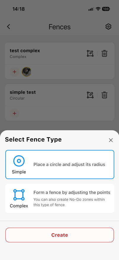 Redesigned fence type choice explaining that complex fences support no-go zones.