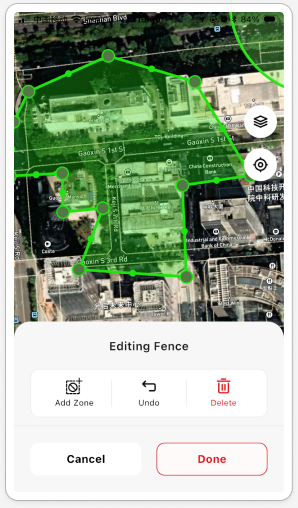 Earlier fence editor with boundary points and a generic Delete action.