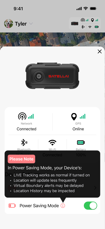 SATELLAI Go device detail screen with connected network and online GPS status.