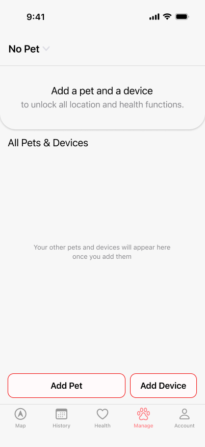 SATELLAI Go Manage screen before a pet or device has been added.