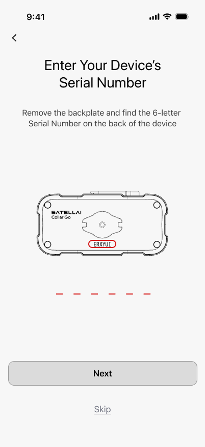SATELLAI Go screen for pairing a device by serial number.