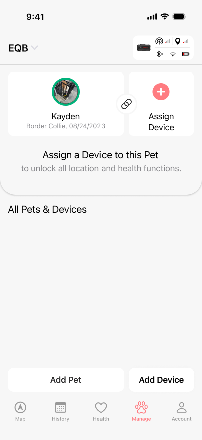 SATELLAI Go Manage screen with a pet record and no assigned device.