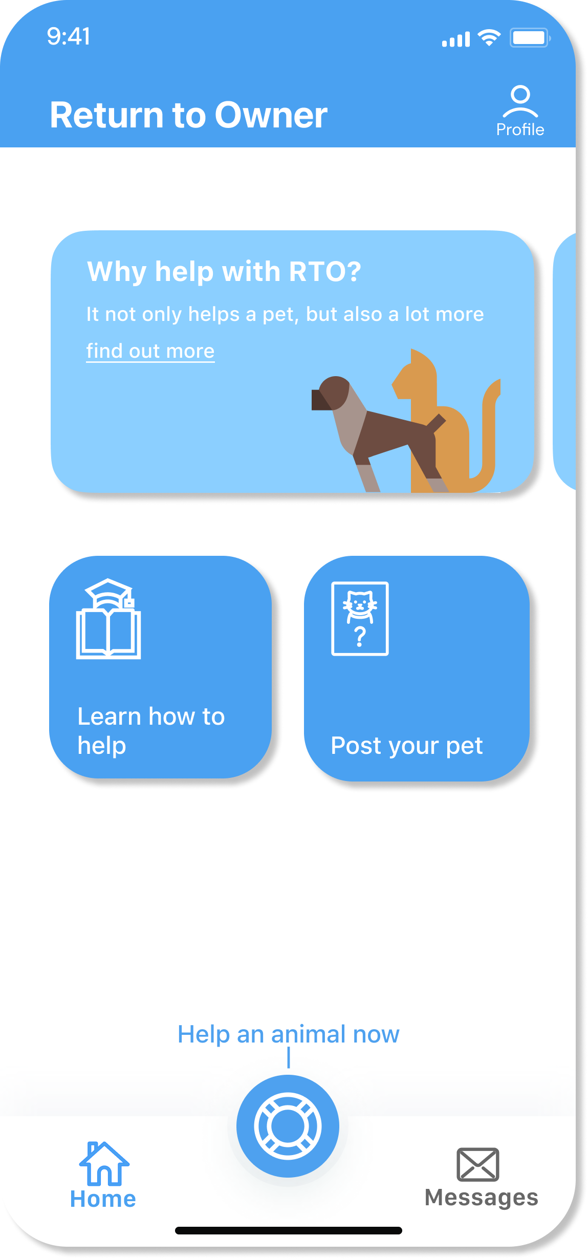 Home screen for the return-to-owner app.